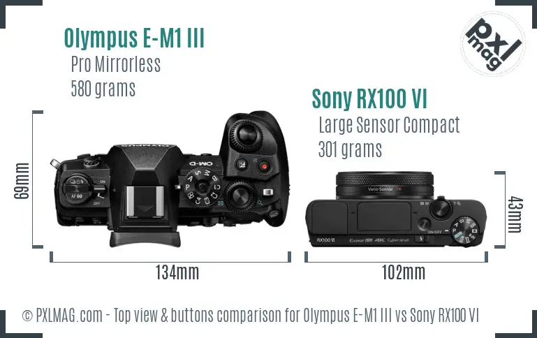 Olympus E-M1 III vs Sony RX100 VI top view buttons comparison