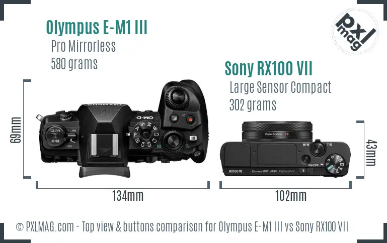 Olympus E-M1 III vs Sony RX100 VII top view buttons comparison Olympus E-M1 III vs Sony RX100 VII top view buttons comparison