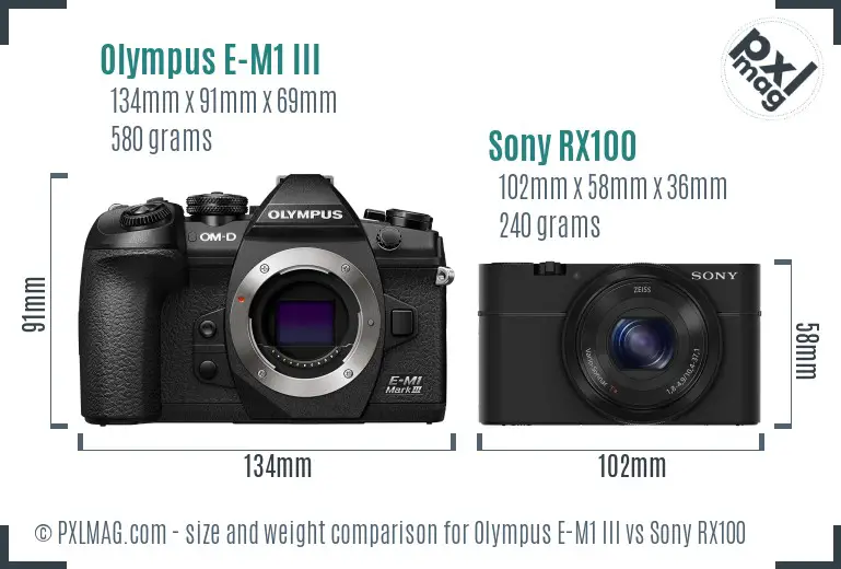 Olympus E-M1 III vs Sony RX100 size comparison
