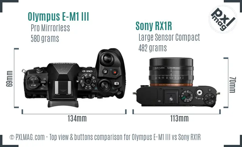 Olympus E-M1 III vs Sony RX1R top view buttons comparison