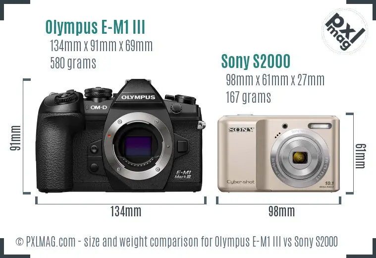 Olympus E-M1 III vs Sony S2000 size comparison