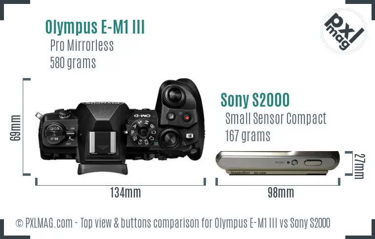 Olympus E-M1 III vs Sony S2000 top view buttons comparison