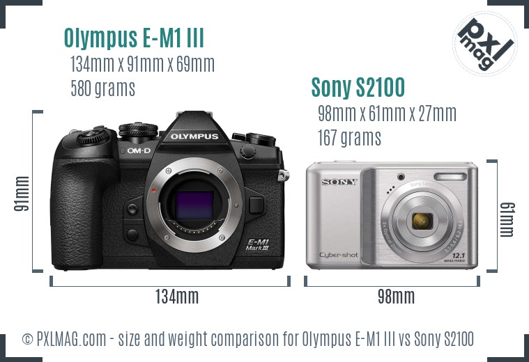 Olympus E-M1 III vs Sony S2100 size comparison