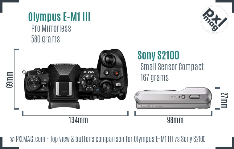 Olympus E-M1 III vs Sony S2100 top view buttons comparison