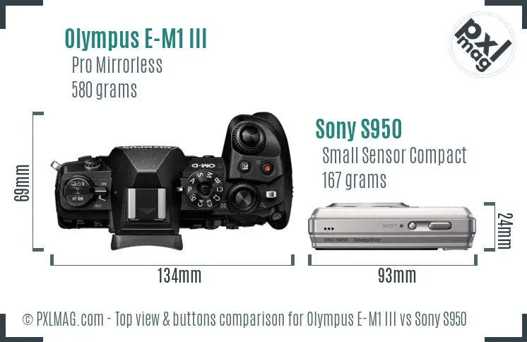 Olympus E-M1 III vs Sony S950 top view buttons comparison