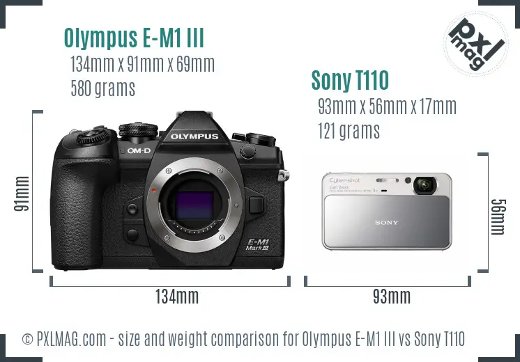 Olympus E-M1 III vs Sony T110 size comparison Olympus E-M1 III vs Sony T110 size comparison