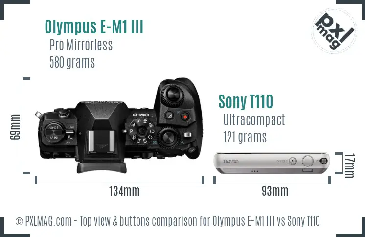 Olympus E-M1 III vs Sony T110 top view buttons comparison Olympus E-M1 III vs Sony T110 top view buttons comparison