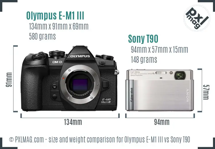 Olympus E-M1 III vs Sony T90 size comparison