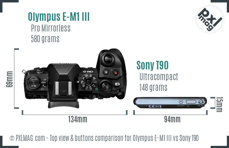 Olympus E-M1 III vs Sony T90 top view buttons comparison