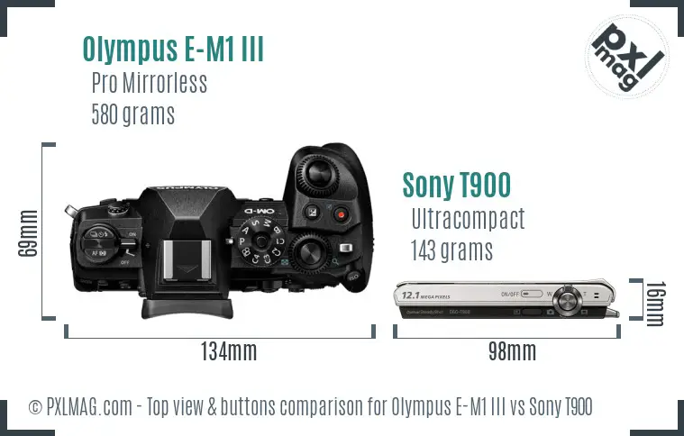 Olympus E-M1 III vs Sony T900 top view buttons comparison