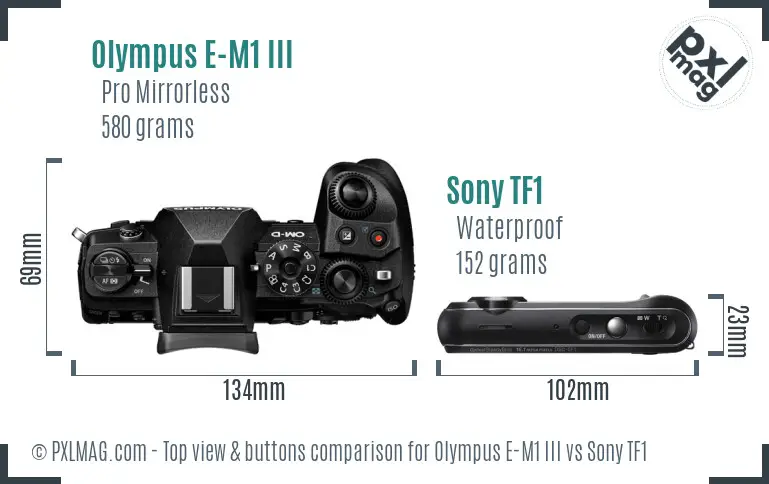 Olympus E-M1 III vs Sony TF1 top view buttons comparison