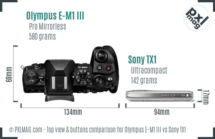 Olympus E-M1 III vs Sony TX1 top view buttons comparison