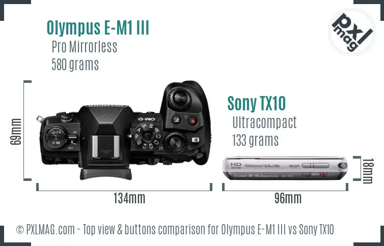 Olympus E-M1 III vs Sony TX10 top view buttons comparison Olympus E-M1 III vs Sony TX10 top view buttons comparison