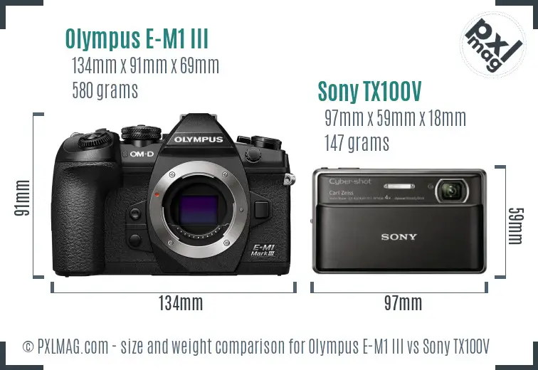 Olympus E-M1 III vs Sony TX100V size comparison Olympus E-M1 III vs Sony TX100V size comparison