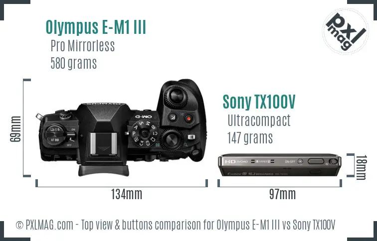 Olympus E-M1 III vs Sony TX100V top view buttons comparison Olympus E-M1 III vs Sony TX100V top view buttons comparison