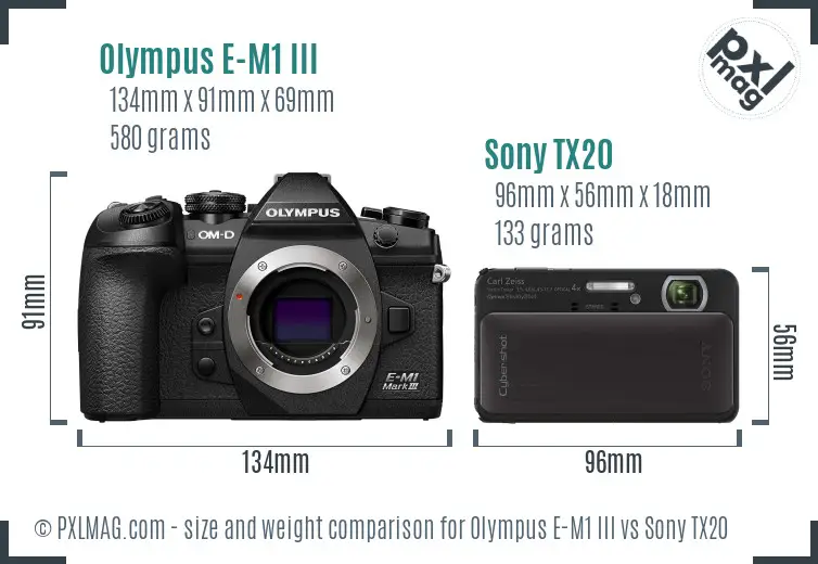 Olympus E-M1 III vs Sony TX20 size comparison Olympus E-M1 III vs Sony TX20 size comparison