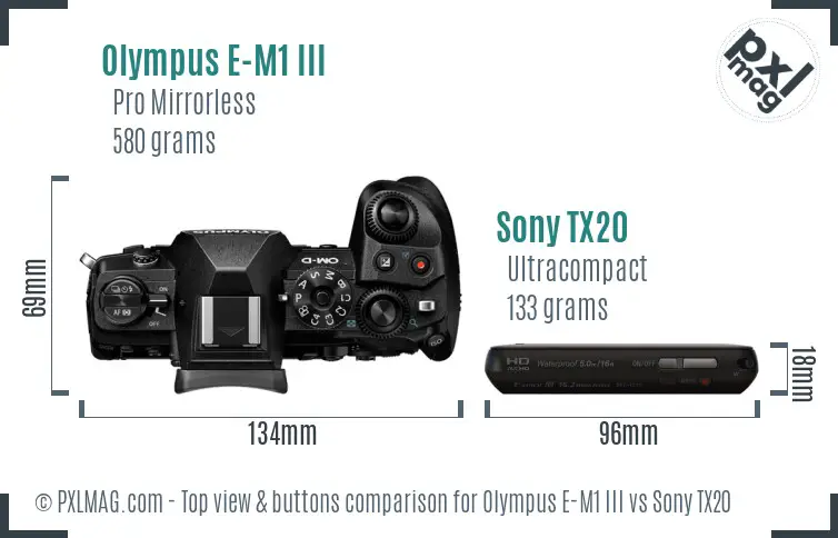 Olympus E-M1 III vs Sony TX20 top view buttons comparison Olympus E-M1 III vs Sony TX20 top view buttons comparison