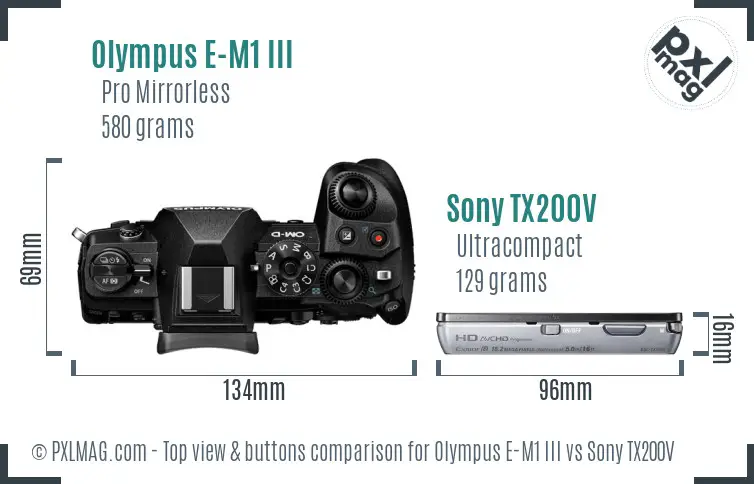 Olympus E-M1 III vs Sony TX200V top view buttons comparison