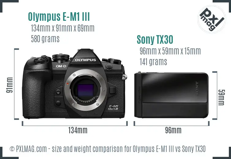 Olympus E-M1 III vs Sony TX30 size comparison