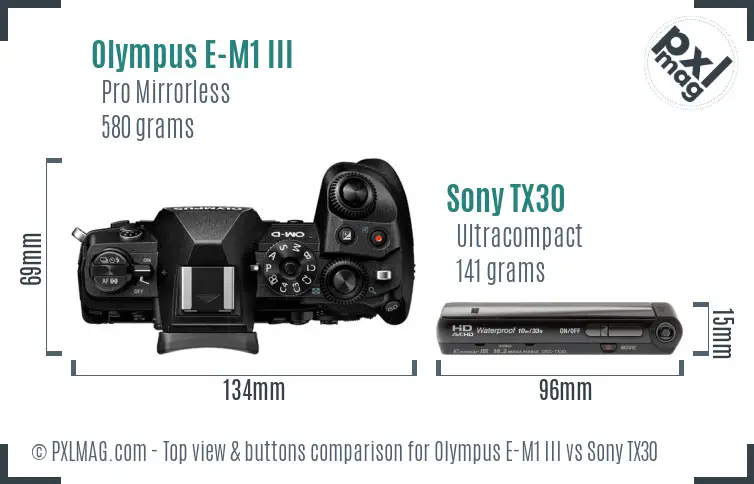 Olympus E-M1 III vs Sony TX30 top view buttons comparison