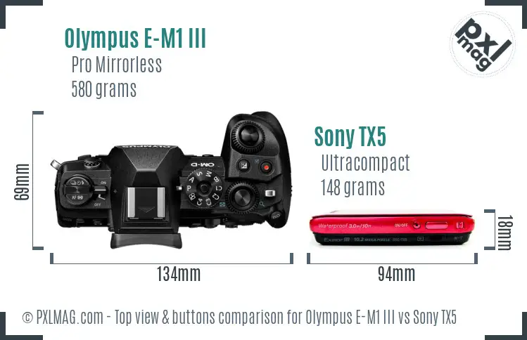 Olympus E-M1 III vs Sony TX5 top view buttons comparison