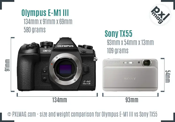 Olympus E-M1 III vs Sony TX55 size comparison