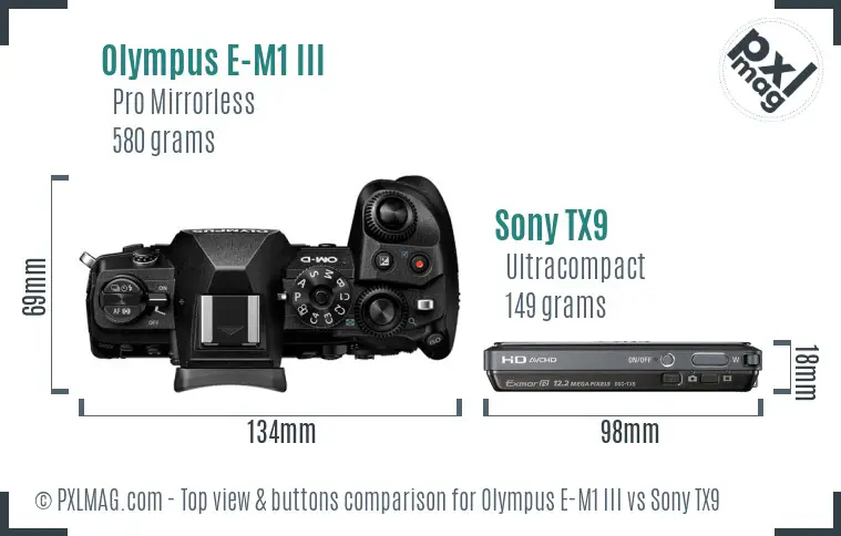 Olympus E-M1 III vs Sony TX9 top view buttons comparison