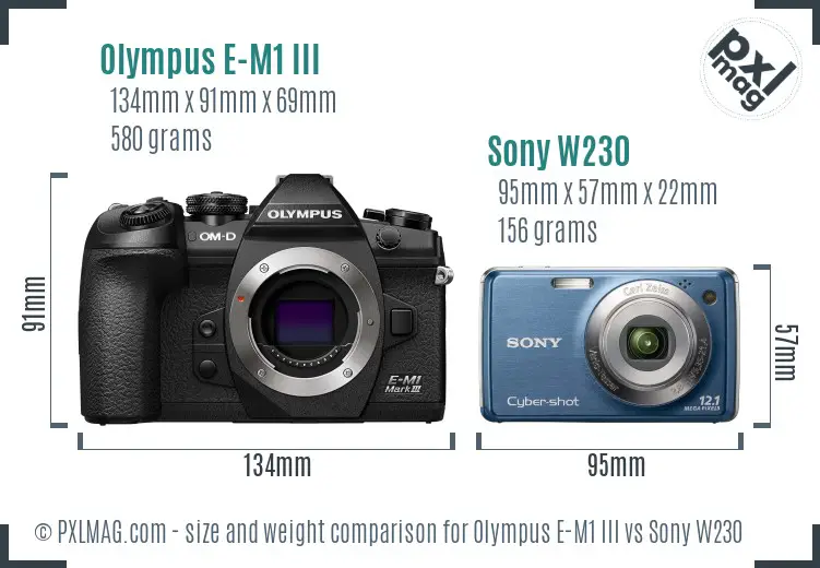 Olympus E-M1 III vs Sony W230 size comparison