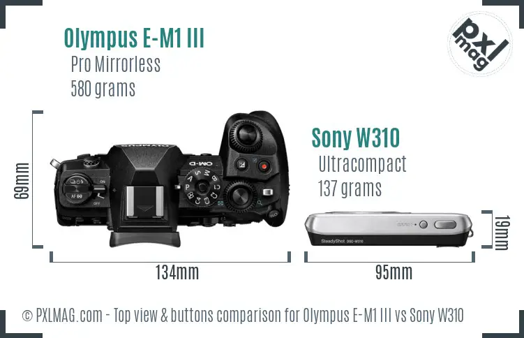 Olympus E-M1 III vs Sony W310 top view buttons comparison