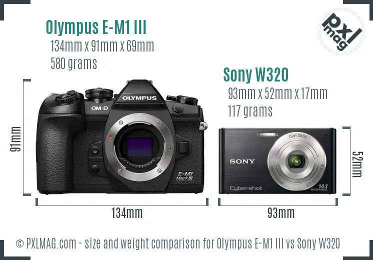 Olympus E-M1 III vs Sony W320 size comparison