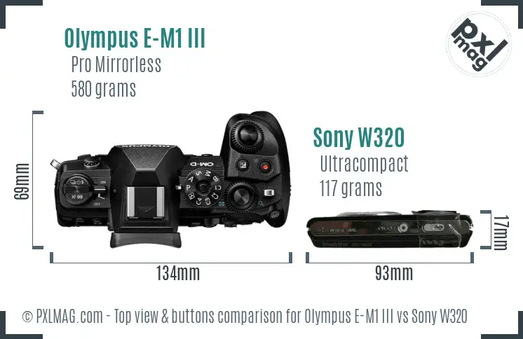 Olympus E-M1 III vs Sony W320 top view buttons comparison