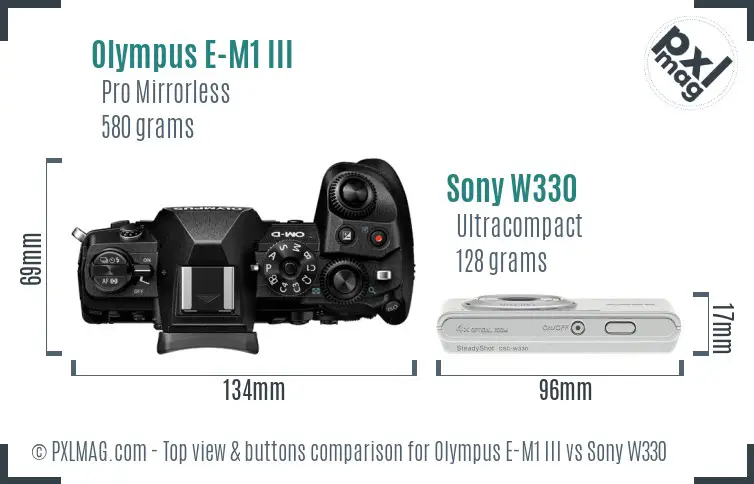 Olympus E-M1 III vs Sony W330 top view buttons comparison