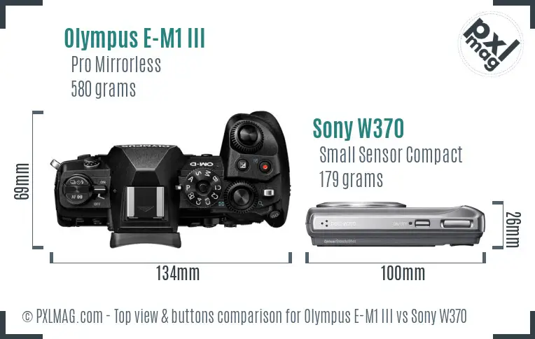 Olympus E-M1 III vs Sony W370 top view buttons comparison Olympus E-M1 III vs Sony W370 top view buttons comparison