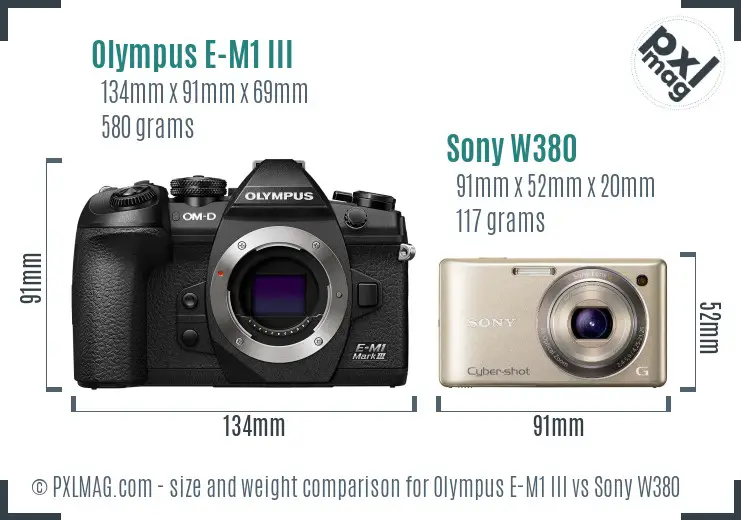 Olympus E-M1 III vs Sony W380 size comparison