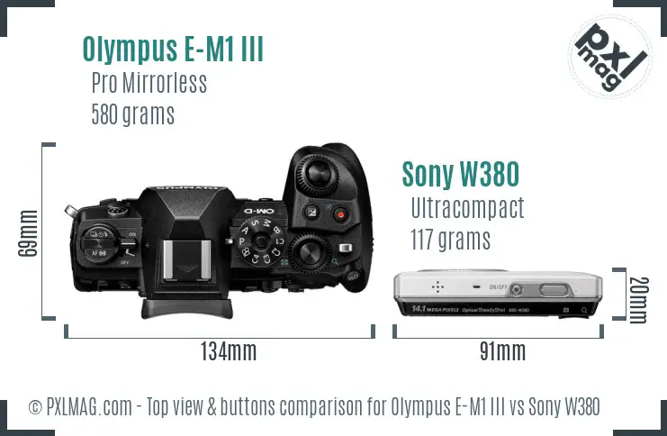 Olympus E-M1 III vs Sony W380 top view buttons comparison