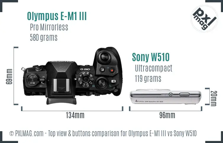 Olympus E-M1 III vs Sony W510 top view buttons comparison