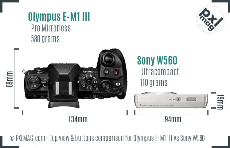 Olympus E-M1 III vs Sony W560 top view buttons comparison