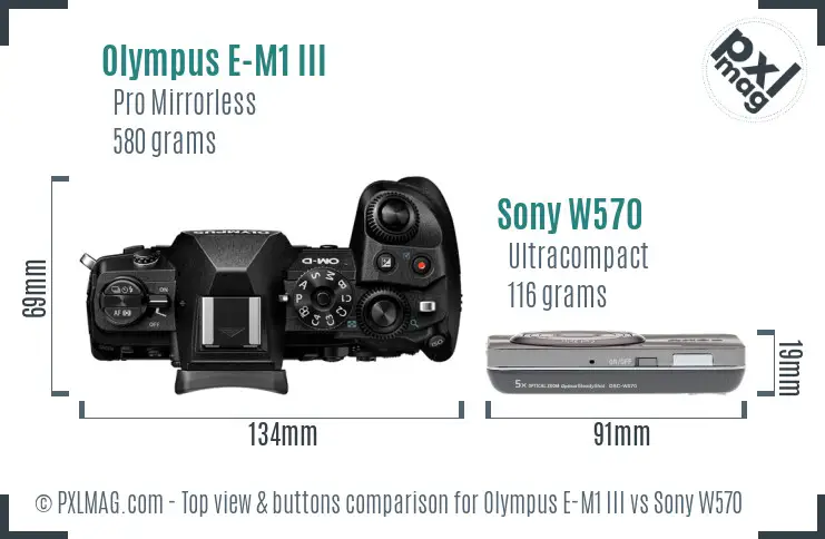 Olympus E-M1 III vs Sony W570 top view buttons comparison