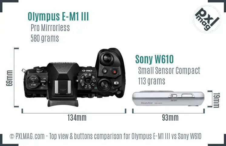 Olympus E-M1 III vs Sony W610 top view buttons comparison