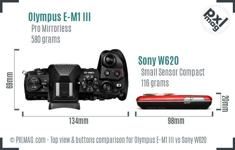 Olympus E-M1 III vs Sony W620 top view buttons comparison