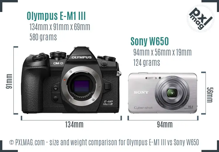 Olympus E-M1 III vs Sony W650 size comparison