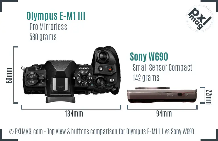 Olympus E-M1 III vs Sony W690 top view buttons comparison