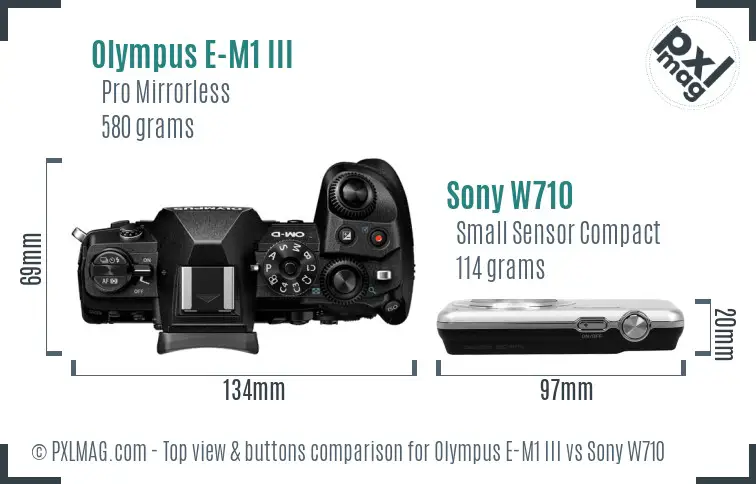 Olympus E-M1 III vs Sony W710 top view buttons comparison