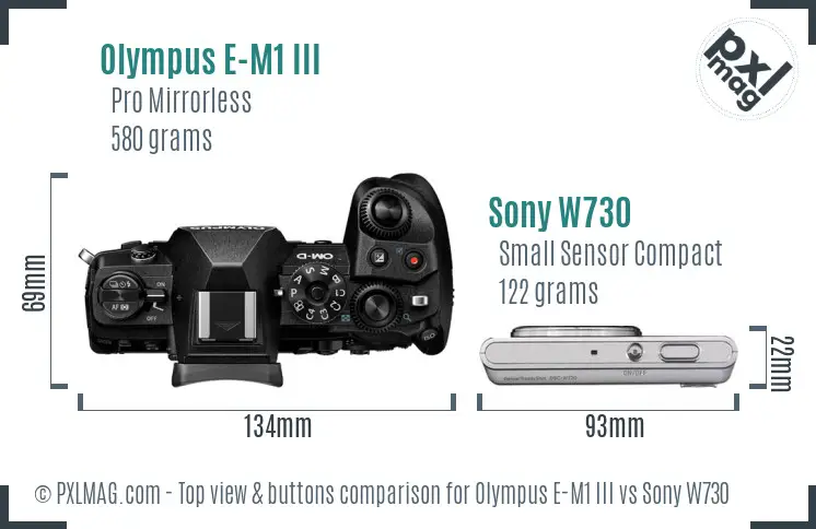 Olympus E-M1 III vs Sony W730 top view buttons comparison
