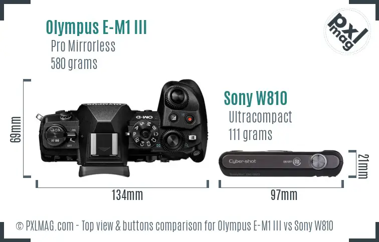 Olympus E-M1 III vs Sony W810 top view buttons comparison