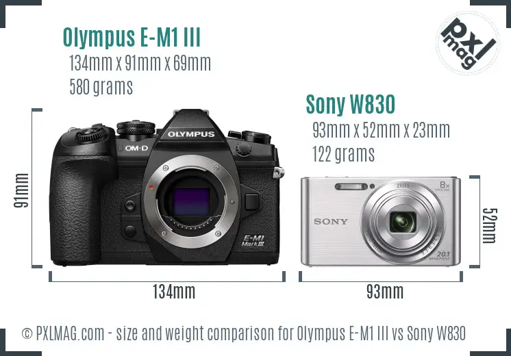 Olympus E-M1 III vs Sony W830 size comparison