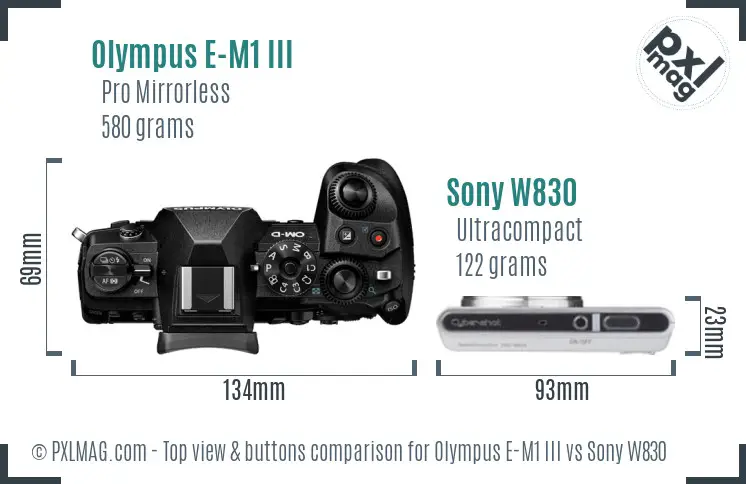 Olympus E-M1 III vs Sony W830 top view buttons comparison