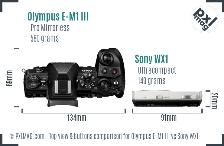 Olympus E-M1 III vs Sony WX1 top view buttons comparison