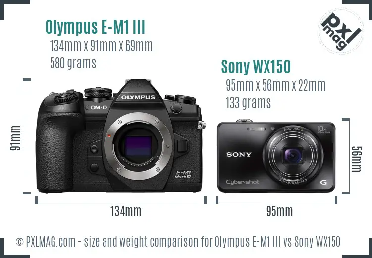 Olympus E-M1 III vs Sony WX150 size comparison