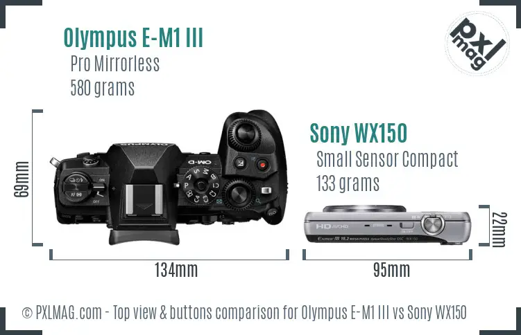 Olympus E-M1 III vs Sony WX150 top view buttons comparison